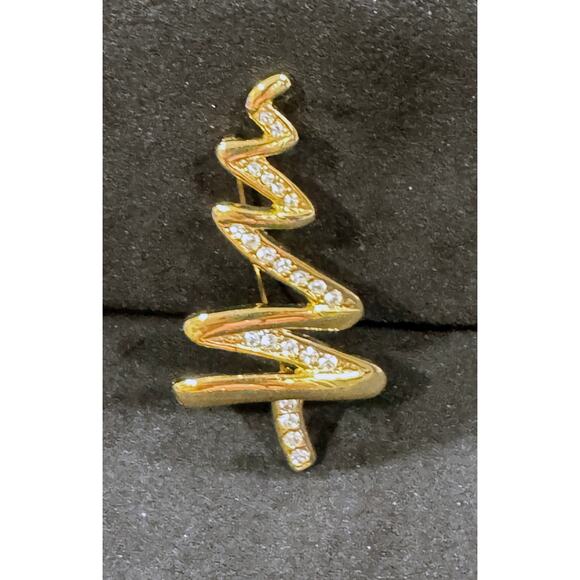 Gold Swirl Christmas Tree Brooch with Clear Rhinestones Holiday Jewelry CP62 - Picture 2 of 4